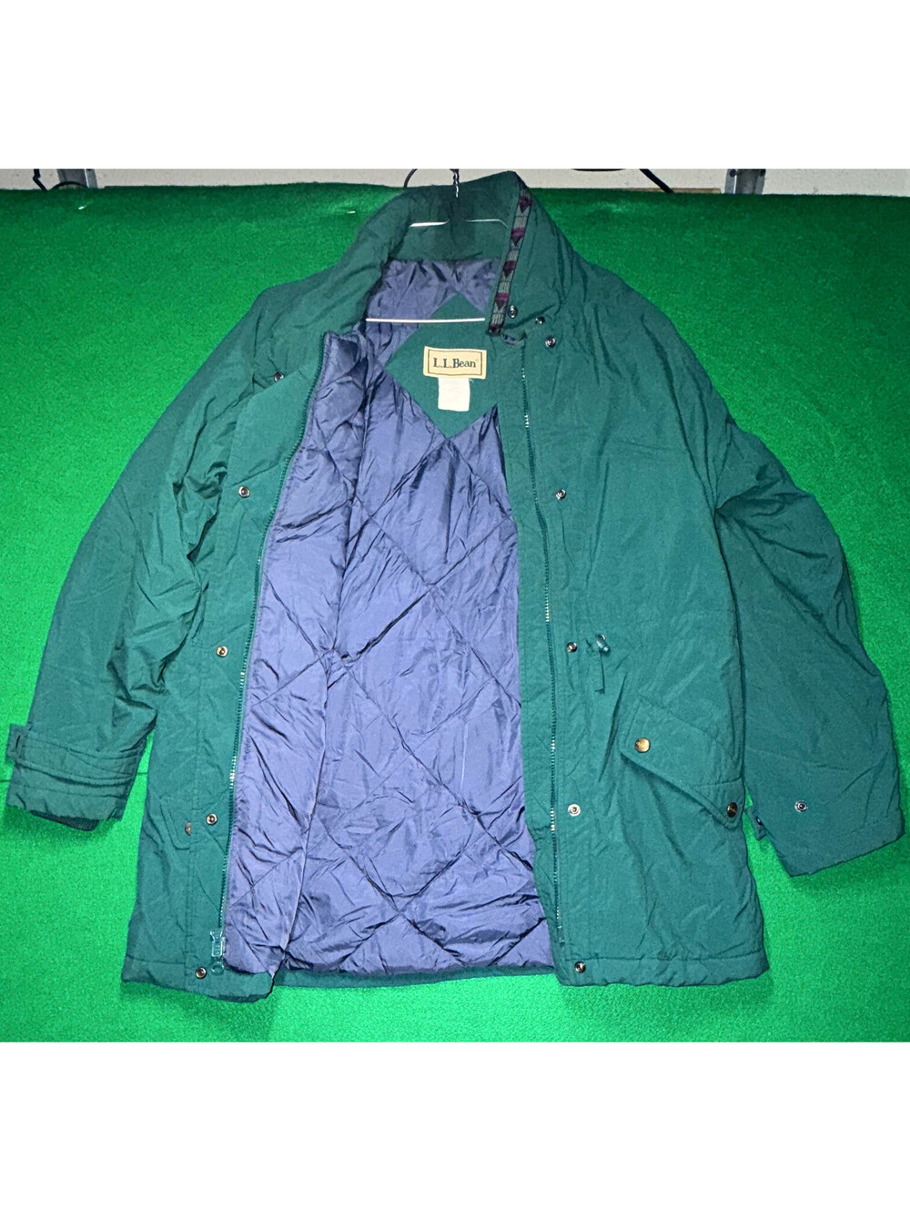 Vintage L.L. Bean Green Down Parka Jacket Blue Quilted Diamond Lining Size L